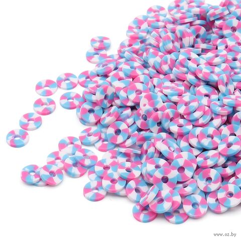 Бусины из полимерной глины "Колечки" (6 мм; малиновый, белый, голубой пестрый микс) — фото, картинка