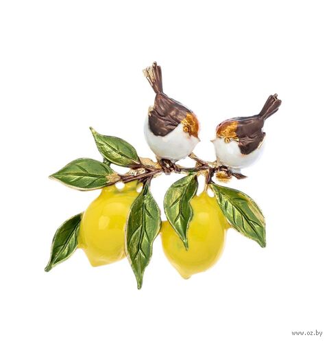 Брошь "Воробьи на ветке лимона" (цветная в золоте) — фото, картинка