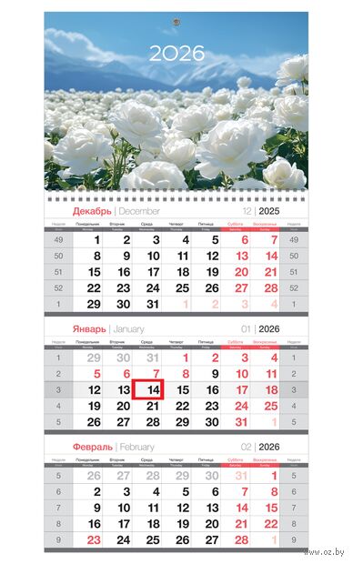 Календарь настенный квартальный на 2026 год "Белые розы" (29,5х65 см) — фото, картинка