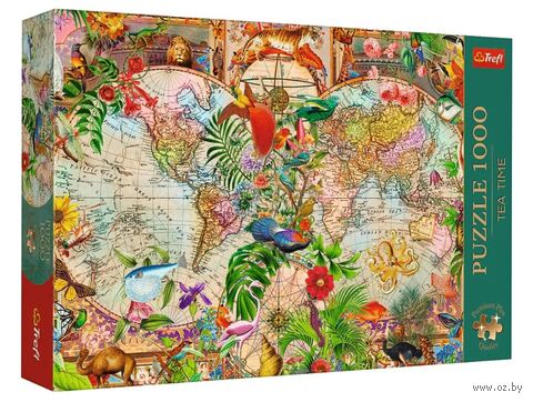 Пазл "Время чая. Древняя карта мира с мотивами флоры и фауны" (1000 элементов) — фото, картинка