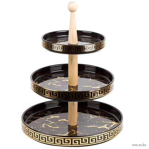 Блюдо-этажерка фарфоровое "Чёрный мрамор" (25х25х32,5 см; круглая) — фото, картинка