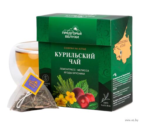 Чайный напиток "Herbal tea. Курильский чай, лемонграсс, мелисса, ягоды брусники" (18 пирамидок) — фото, картинка
